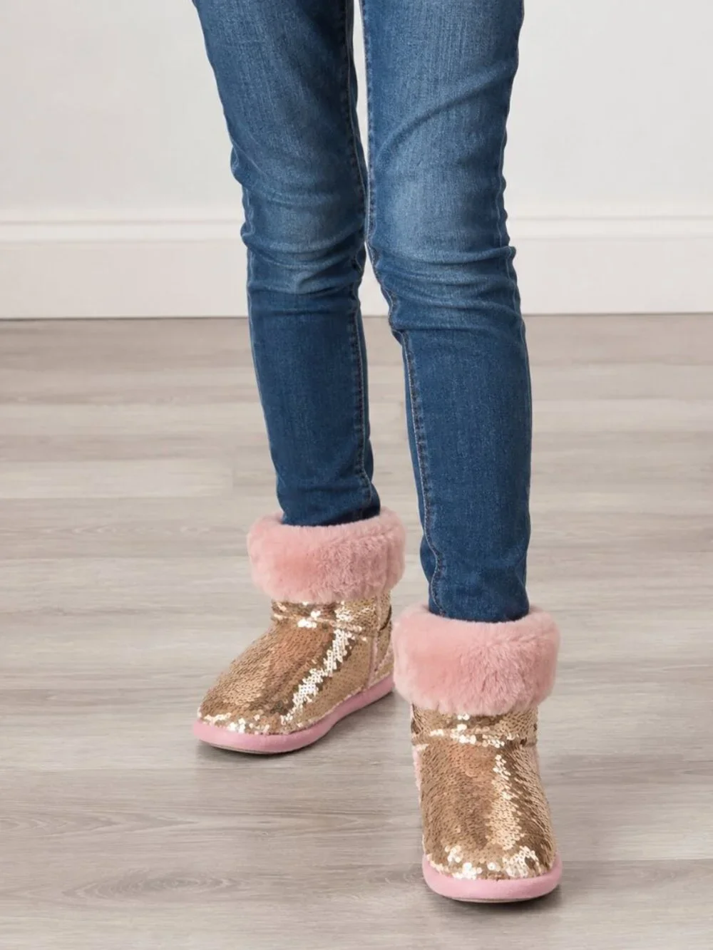 Girls Pink Booties with Gold Sequins, Warm Sparkly Slippers, Great Gift NWT